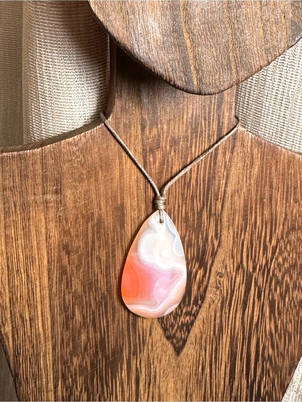 Coral Agate Teardrop Pendant Necklace on Thin Simple Tan Rope - Picture 10 of 14
